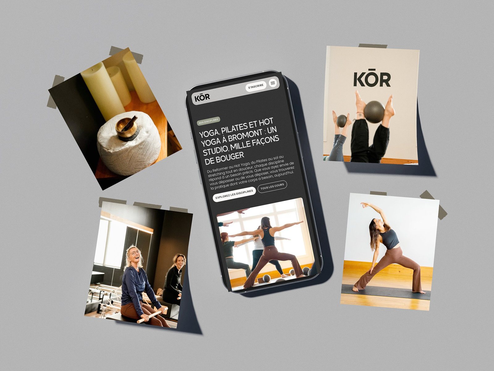 La page Yoga-Pilates du site de Studio KŌR dans un téléphone, entourée de photos du studio