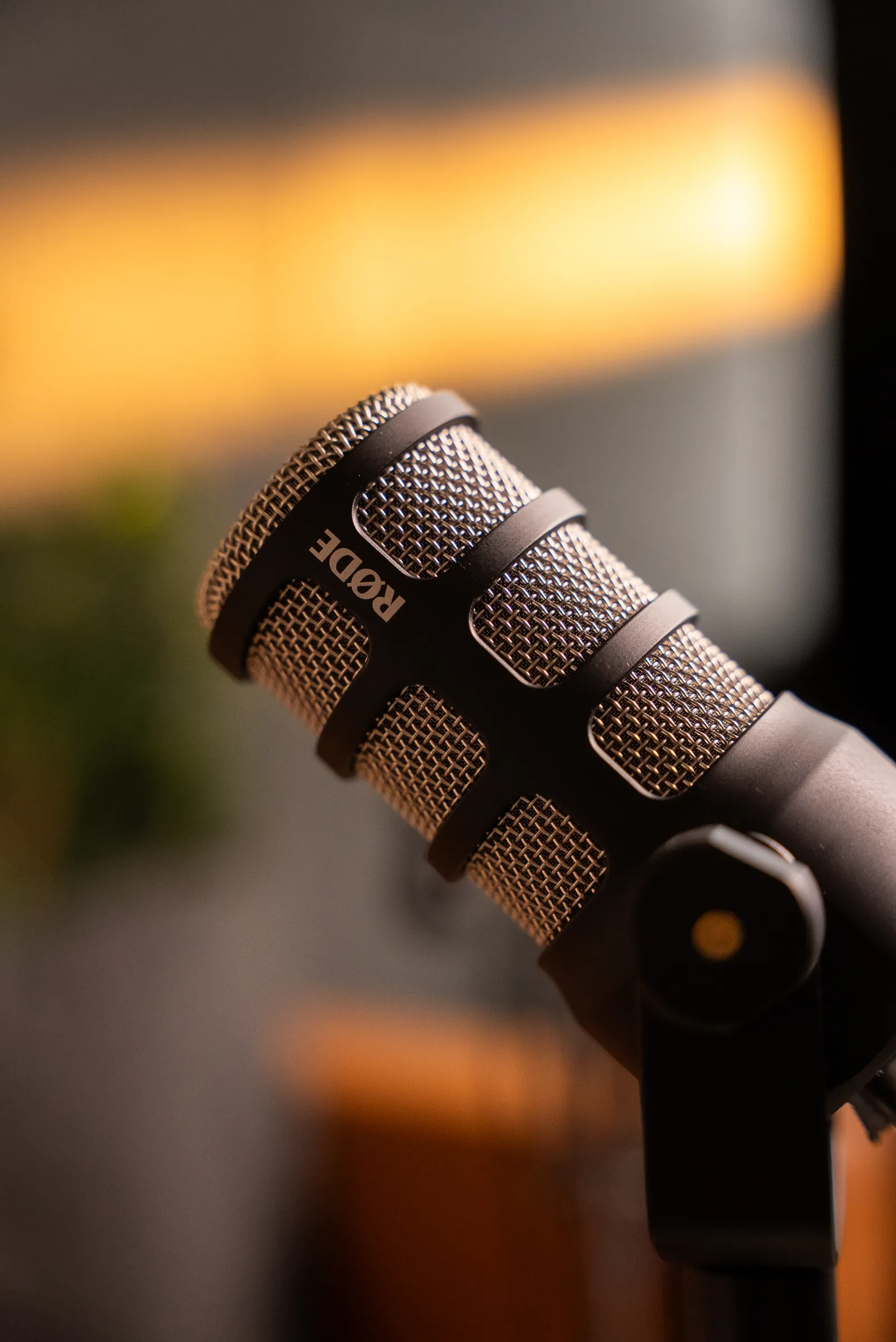 Un micro Rode du studio podcast, dans une lumière dorée