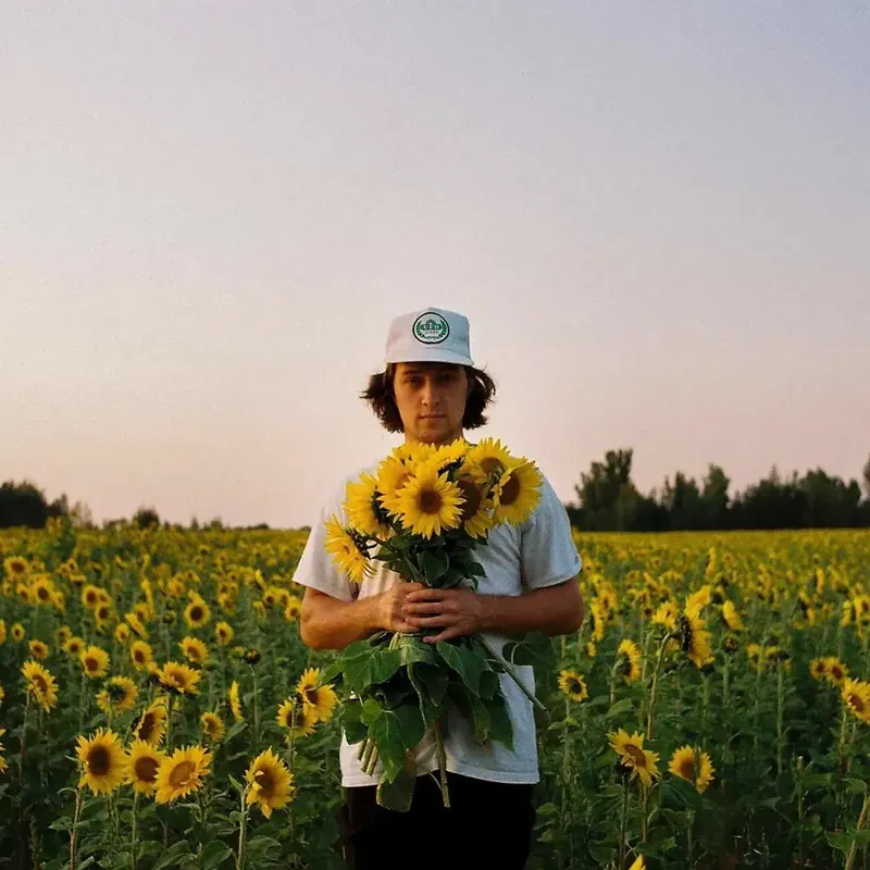 Yann Reynolds, un bouquet de tournesols dans les bras, au milieu d'un champ